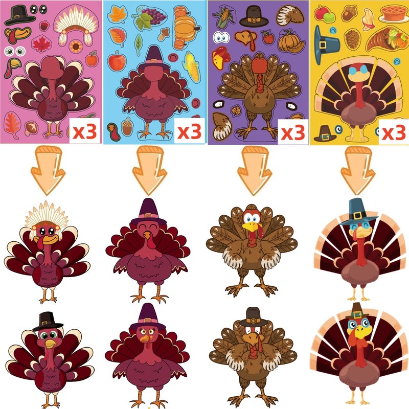 UDTAATO 36 Sheets Thanksgiving Stickers(12 Different Designs)  Thanksgiving Crafts for Kids Thanksgiving Make Your Own Turkey Stickers for Kids DIY Turkey Games Thanksgiving Fall Party Favors Supplies - Image 4
